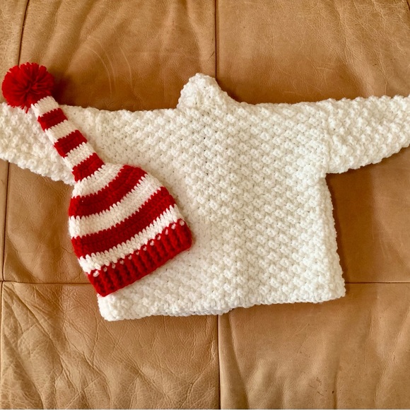 Girls Red & White Striped Stocking Hat & White Cardigan - Picture 2 of 4